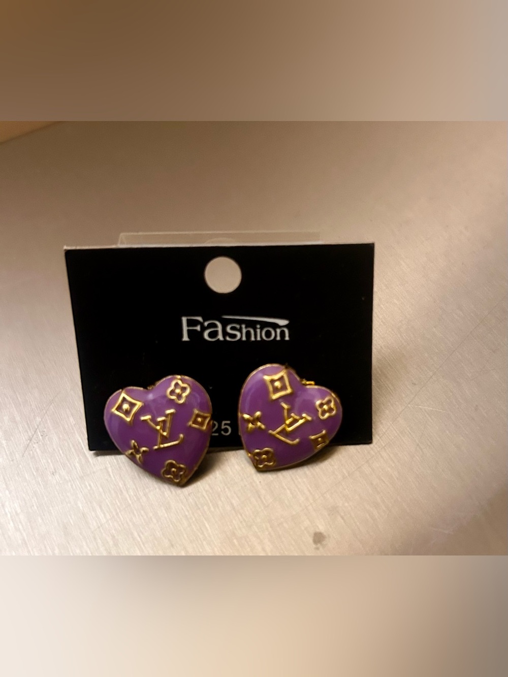 Purple Heart Stud Earrings with Gold Accents - Picture 2 of 5